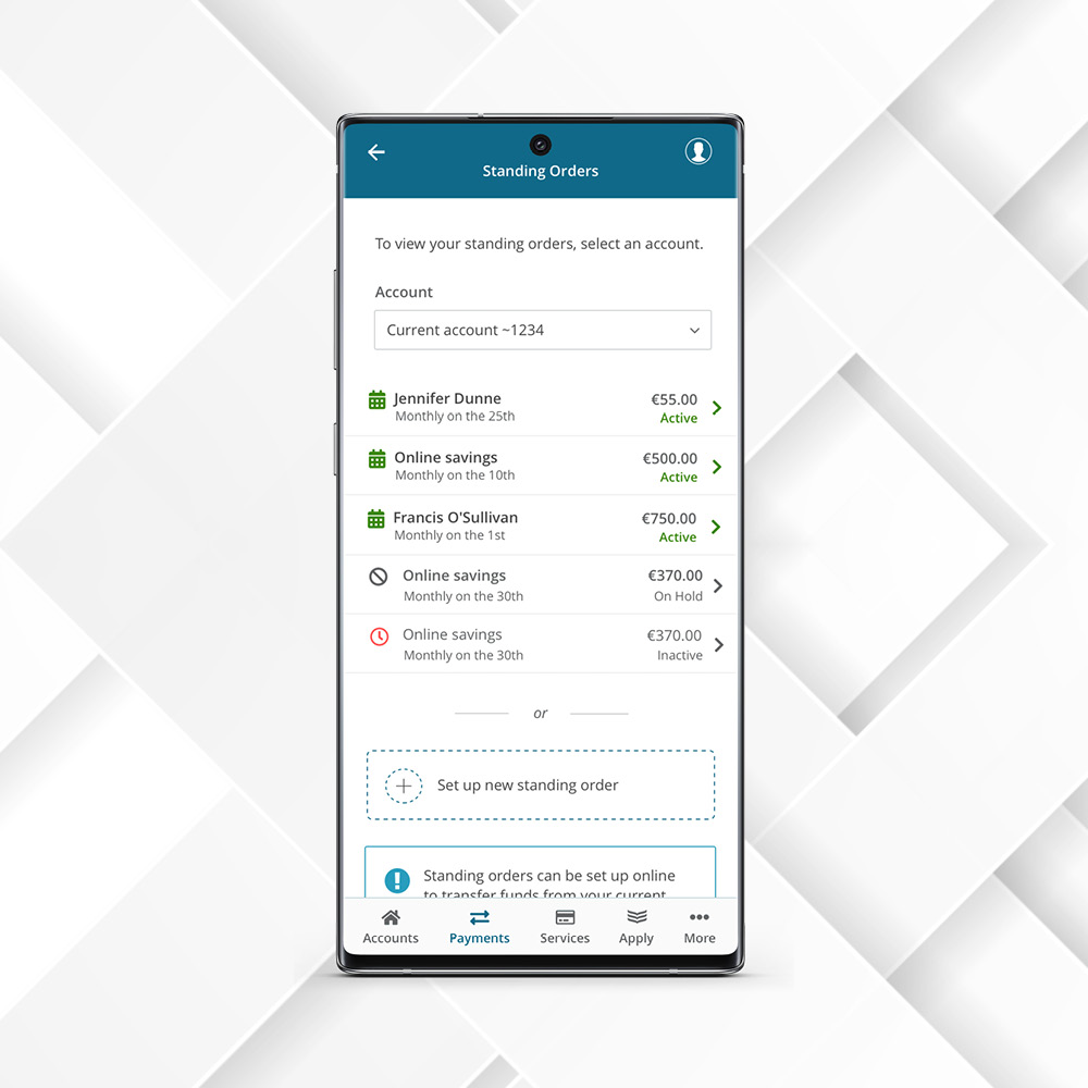 Mobile device showing the Standing Orders screen in the Bank of Ireland Mobile Banking App