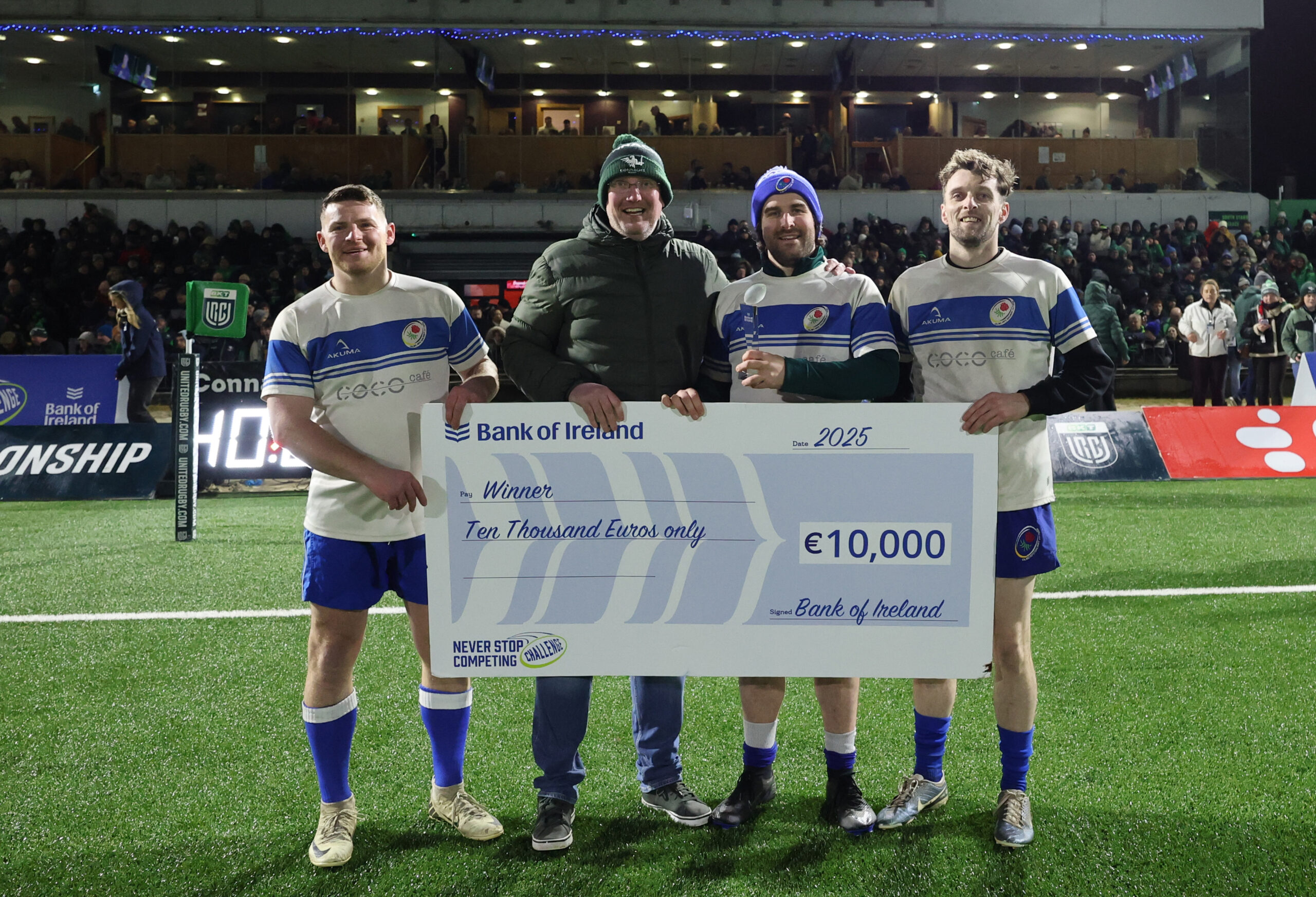 Pictured are the victorious OLBC RFC team of Liam Tierney, Chris Lane and Lorcan Foley who claimed victory at the Bank of Ireland ‘Never Stop Competing’ challenge at half-time in the recent Connacht Rugby vs Cardiff Rugby match. Brian Carey, Bank of Ireland head of business banking Galway City, was on hand to present the winning team with their prize.