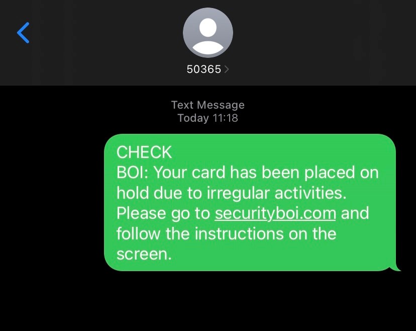 TextChecker submission example text message reading 'CHECK BOI: Your card has been placed on hold due to irregular activities. Please go to securityboi.com and follow the instructions on the screen.'